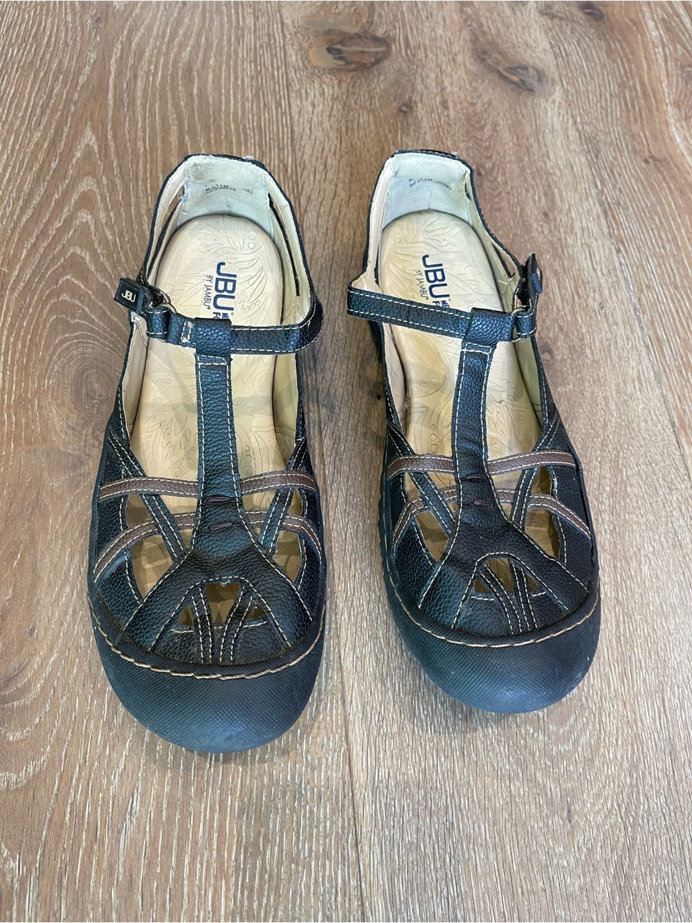 JBU Women's Black and Brown Leather T-Strap Comfort Casual Shoes